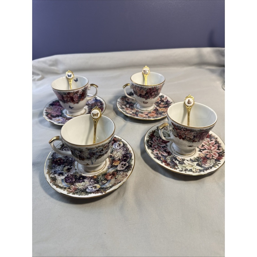 Lot of 4 Vintage Bradford Editions Lena Liu Teacup Saucer Spoon Sets Floral